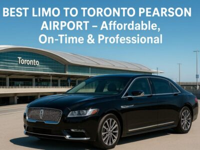 Luxury black limousine parked at Toronto Pearson Airport with clear skies, promoting affordable, on-time, and professional airport limo service.